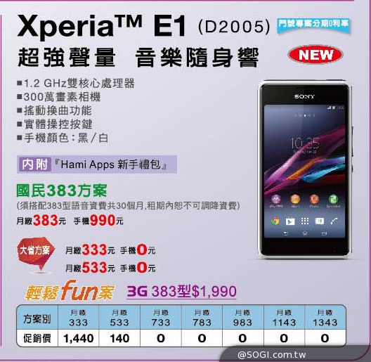 Sony Xperia E1入門機搭配大省 月繳333手機0元