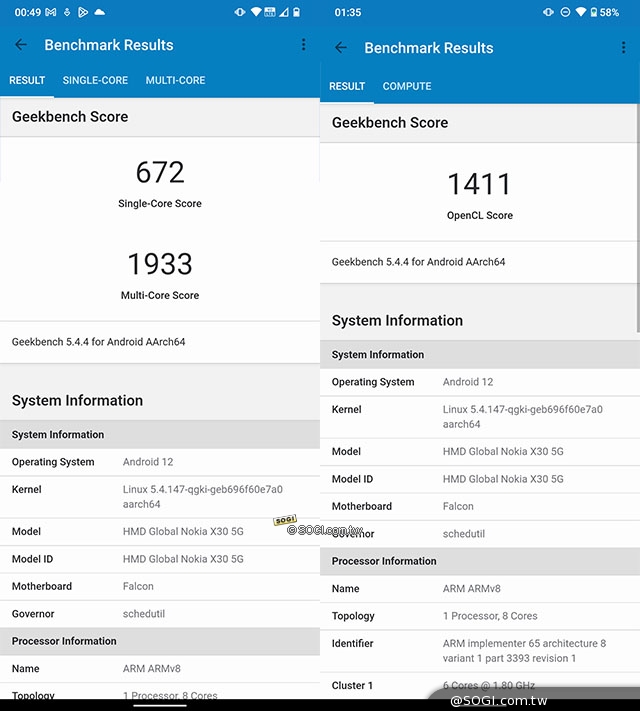 Nokia X30 5G 效能測試 - GeekBench 5