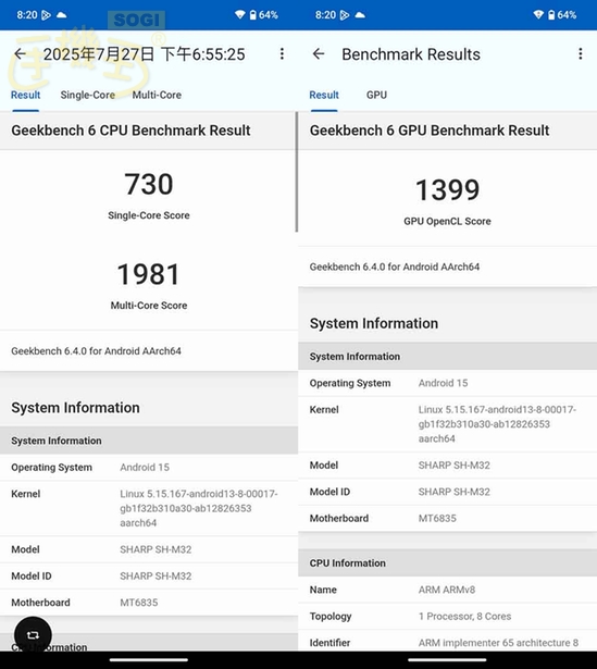 SHARP AQUOS wish5 效能測試 - GeekBench6