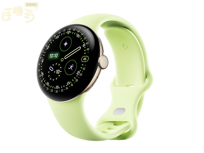 Google Pixel Watch 4 上市資訊 - 41mm 香檳金鋁製錶殼 / 香茅綠運動錶帶