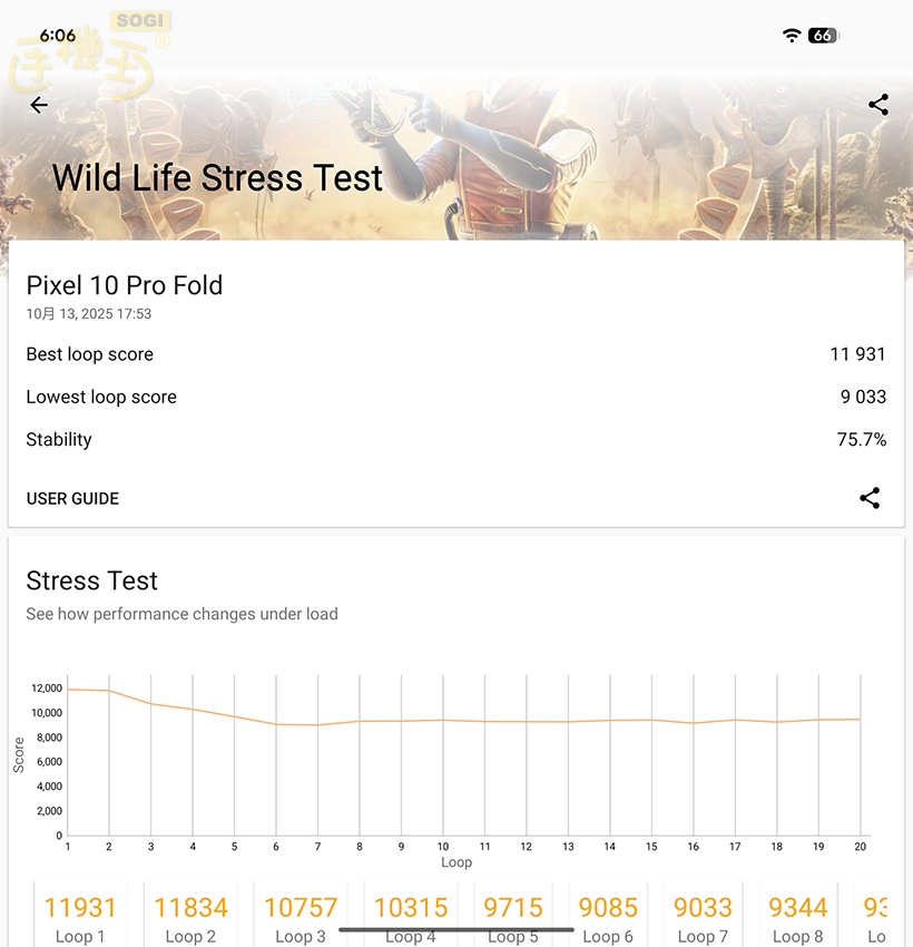 Google Pixel 10 Pro Fold 效能測試 - Wild Life Stress Test 跑分