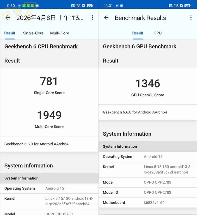 OPPO A6x 5G 效能跑分 - GeekBench 6