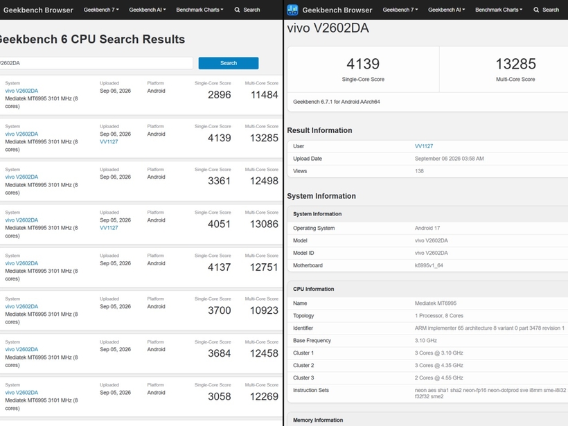 vivo X500 Pro Max 效能表現疑洩？天璣 9600 系列表現如何？ - Geekbench 6 測試